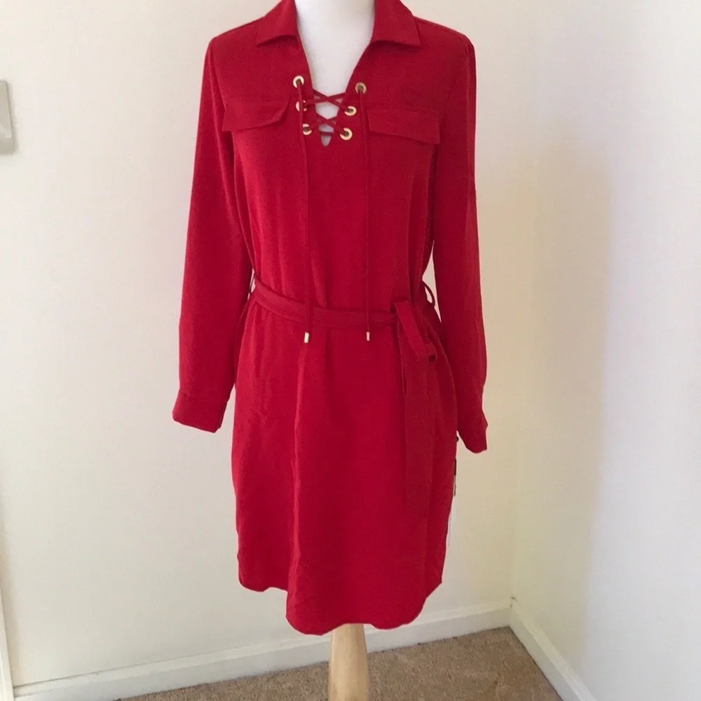 New! Calvin Klein SZ 4, red shirt lace up dress . - Picture 1 of 9